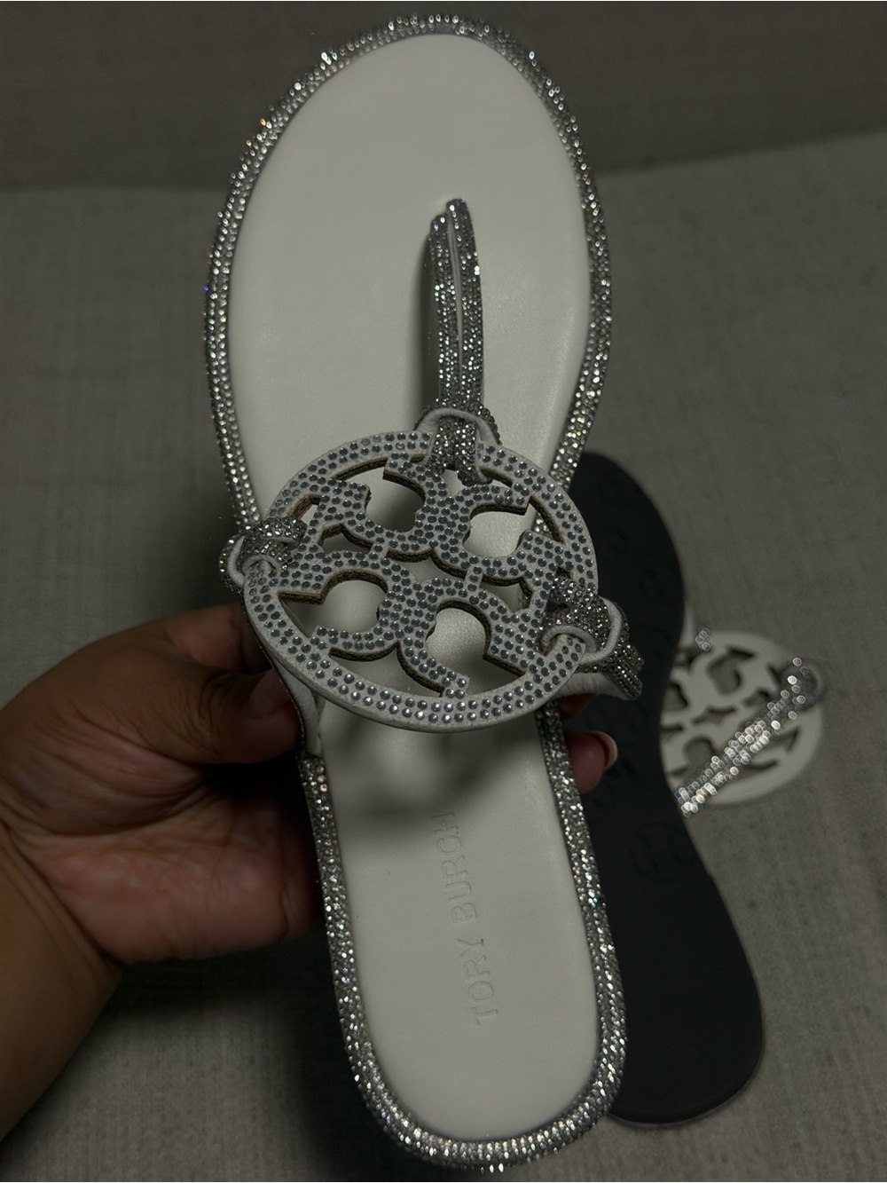 Tory Burch White Crystal Logo Thong Sandals